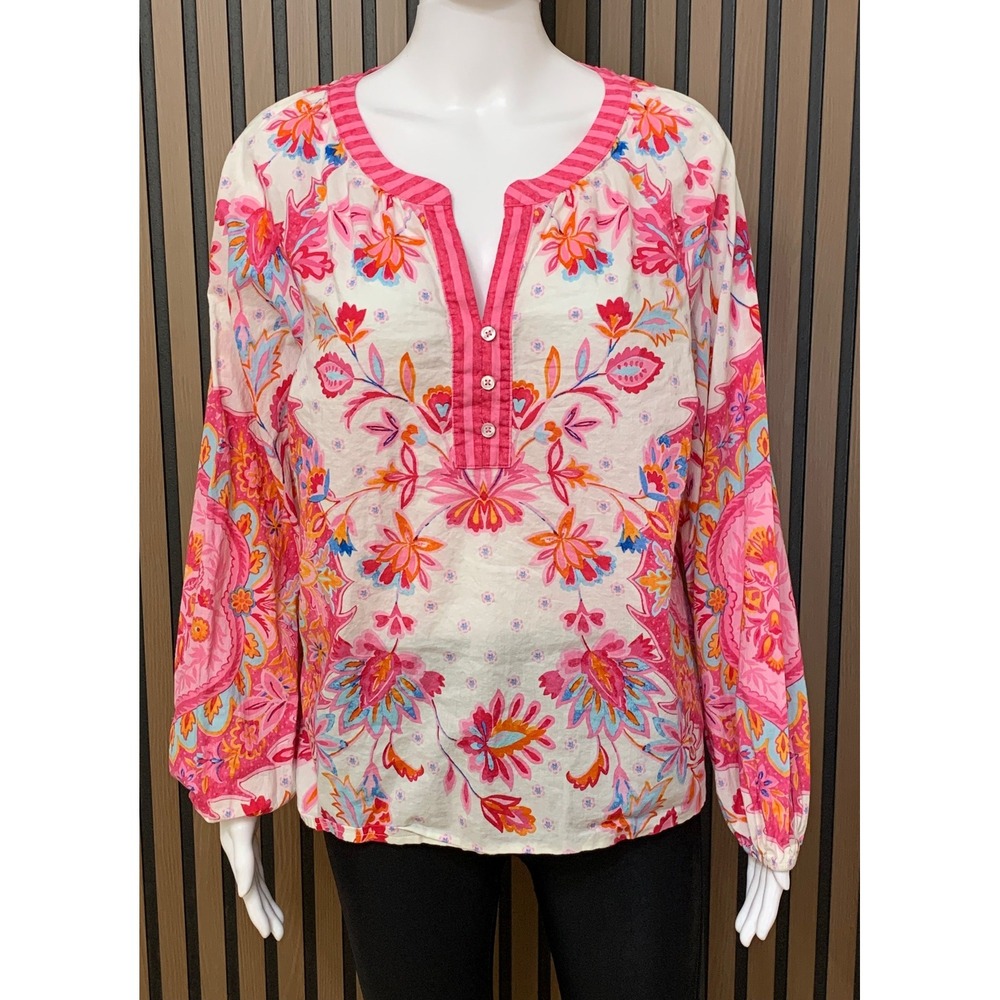 Talbots Pink Floral Paisley Cotton Voile Henley Blouse Long Sleeve Size L